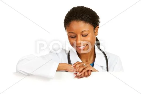 Veterinarian: looking down at blank white card Stock Photos