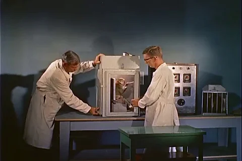 Veterinarians remove monkey from training box after test - 1959 Stock Footage 104652681