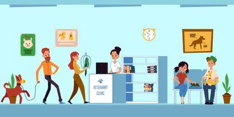 Veterinary clinic reception room queue - animal owners coming to vet appointment Illustrazione stock