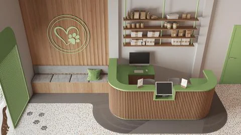 Veterinary clinic waiting room in green and wooden tones. Reception desk with Stock Illustration