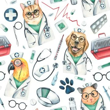 Veterinary doctors hamster, dog, cat, parrot, pet carrier, medicines. Watercolor Illustrazione stock