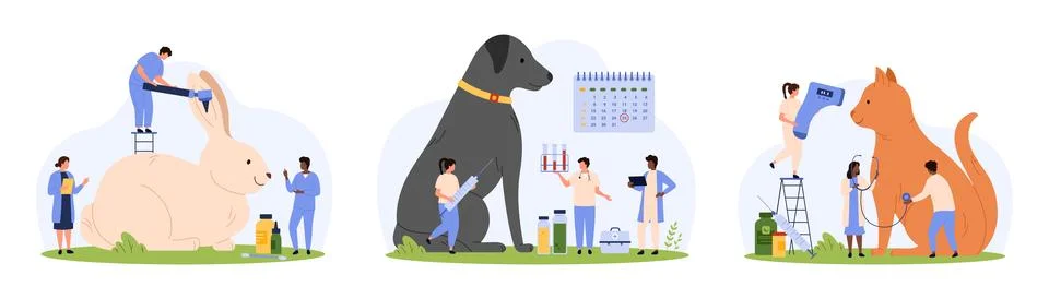 Veterinary examination set, tiny people check rabbits ears, cat temperature 스톡 일러스트