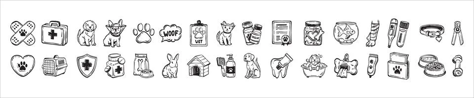 Veterinary icon set hand drawn pet care doodle pictogram, whimsical cute Stock Illustration