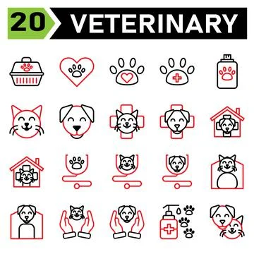 Veterinary icon set include carrier, vet, pet, box, cargo, love, paw, veterin Stock Illustration