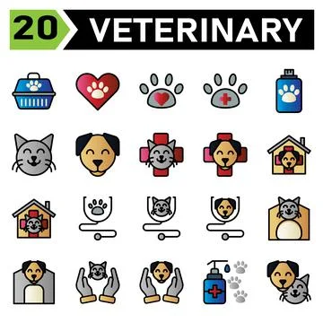 Veterinary icon set include carrier, vet, pet, box, cargo, love, paw, veterin 스톡 일러스트
