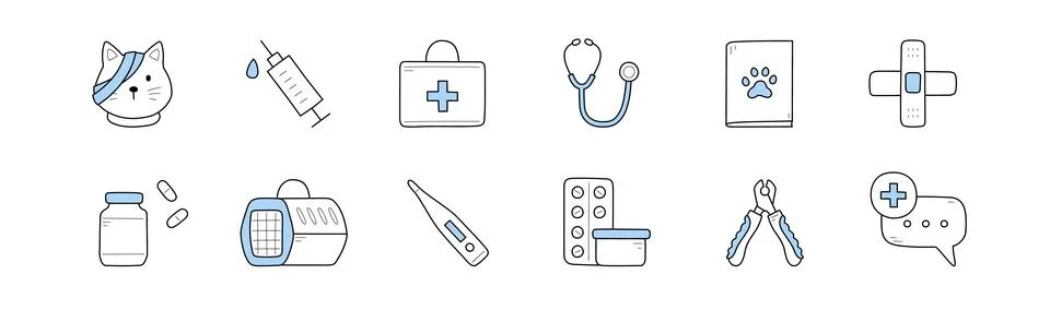 Veterinary icons with doctor case, syringe, cat Stock Illustration