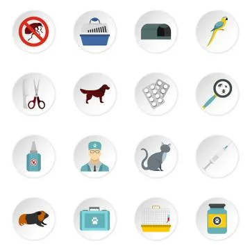 Veterinary icons set, flat style Stock Illustration