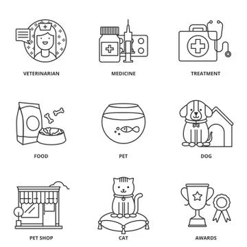 Veterinary medicine and pets vector icons set Stock Illustration