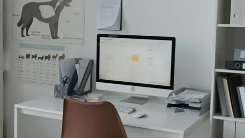 Veterinary Office Desk with Computer Displaying Appointment Schedule Stock Footage 339780215