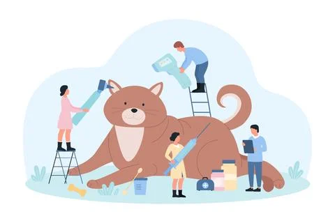 Veterinary services for pet, tiny veterinarians care for giant cat, examine Stock Illustration