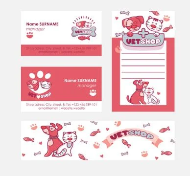 Veterinary vector pet animal character on vetshop business-card and vetclinic Illustrazione stock
