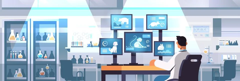 Veterinary worker work on desktop with animals on screens scientist doing Stock Illustration