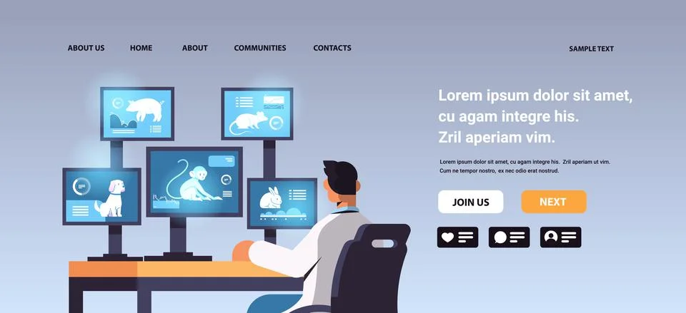 Veterinary worker work on desktop with animals on screens scientist doing Stock Illustration