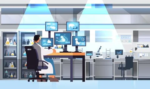 Veterinary worker work on desktop with animals on screens scientist doing Stock Illustration