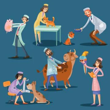 Vets with cute pets cartoon vector illustration Stock Illustration