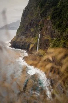 Veu da Noiva Viewpoint of Waterfall falling into the Ocean, Madeira, Portugal Stock Photos