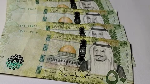 VFifty riyals currency notes illustrating banking, financial management, interna 動画素材 334043570