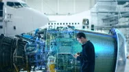 Vfx Airplane Mechanic Does Digital Maintenance Of Engine Stock Footage