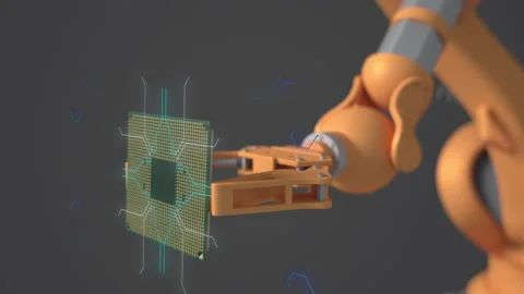 VFX Animation Concept: Modern Authentic Robot Arm Holding Contemporary Super Com Stock Footage 170351923