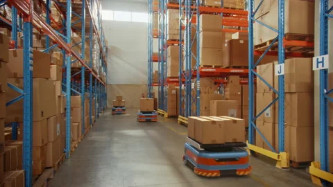 VFX Automatic Delivery Robots Working in Warehouse Видео 147175224