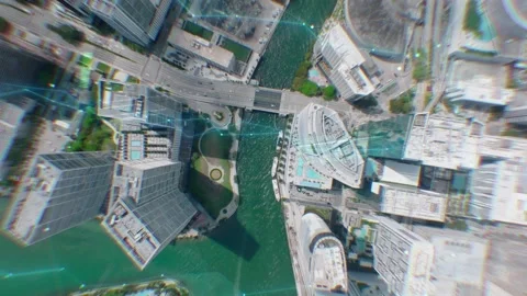Vfx City Network Connected by Digital Lines in a Modern Urban Aerial View 库存影片 331043410