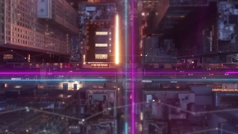 Vfx City Network Connected by Digital Data Flow Lines over Urban Streets 库存影片 331043427