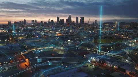 Vfx City Network Digital Data Connectivity over Urban Skyline at Dusk 库存影片 331043376