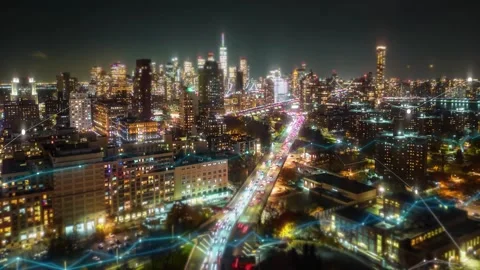 Vfx City Network Overlay on a Bustling Urban Skyline at Night Vídeos de archivo 331043494