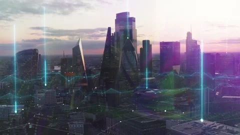 Vfx City Network Overlay on a Modern Skyline at Sunset in a Financial District 库存影片 331043399