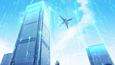 VFX Composite of a Plane Flying Over a Digital Technology Building Video stock 304231598