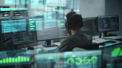 VFX Digitalization Visualization of IT Engineer Working on Computer Stock Footage 243262853