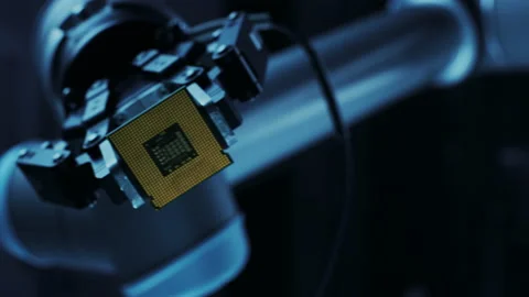 VFX Robot Arm Holding Microchip with Digitalized Effects Stock Footage 140590285