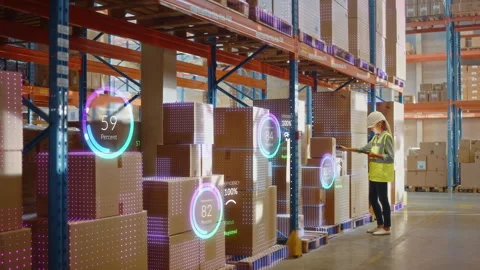 VFX Worker in Digitalized Warehouse Video stock 147174731