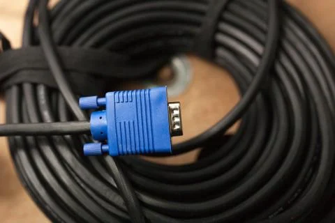 VGA tech pc input cable connector on wood background Stock Photos