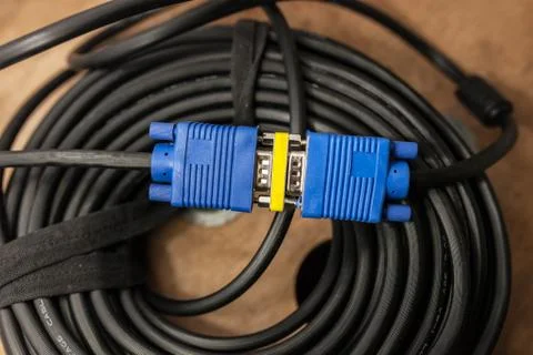 VGA tech pc input cable connector on wood background Stock Photos