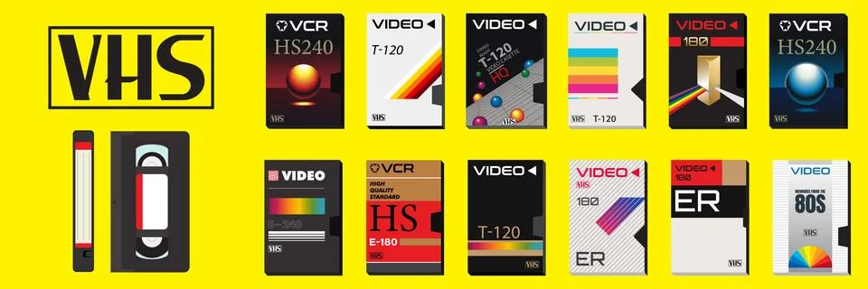 VHS Casette Vector Graphics and Collection of Video Covers. Stock Illustration