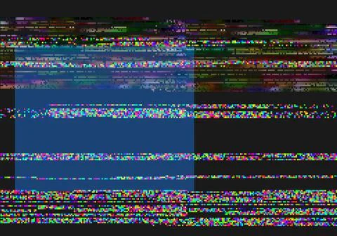 VHS effect, glitch and blue square on black background, abstract digital pixel Stock Illustration