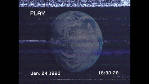 VHS feed opening at 16:30:22 Jan 24 1993 showing PLAY icon rotating planet with Stock Footage 312407273
