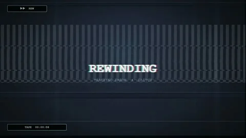 VHS Glitch Effect with Rewinding Text and Analog Static Distortion on Dark Blue Stock Footage 345764166