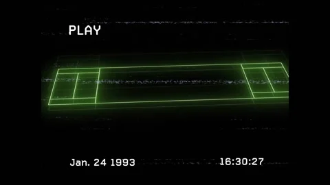 VHS PLAY flashing 1993 timecode neon wireframe forming rotating frame collapsing Video stock 311663537