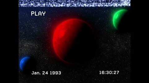 VHS playback at 16:30 showing glitch flickering on planets with timecode Video stock 312407293