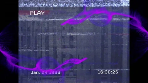 VHS playback starting with PLAY, timecode advancing, purple wisps drifting, Video stock 321824562