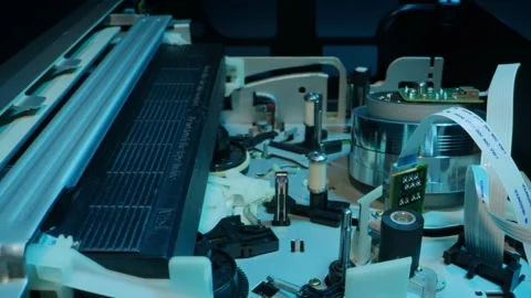 VHS PLAYER, Old video recorder inside close-up, VHS. Retro player in neon blue Stock Footage 261773044