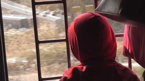 Vhs style. The indian boy stands at the train window and looks out the window at Vidéo 106340828