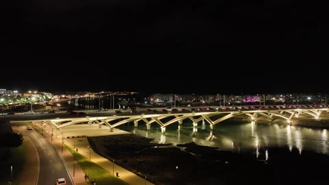 VI Bridge Illuminated at Night over the Bouregreg River, Morocco Stock Footage 341388032