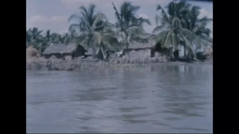 VI THANH, VIETNAM - 1969: Thatched huts along a Mekong Delta canal 動画素材 341737553