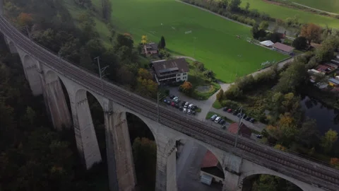 Viaduc de la Combe Maran : fantastic aerial view passing over the famous Viaduc Stock Footage 245505766