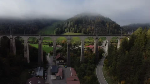Viaduc de la Combe Maran: fantastic aerial view of the famous Swiss Viaduc Stock Footage 245506006