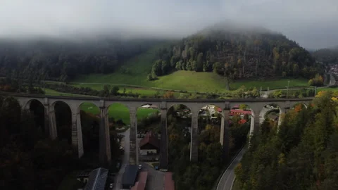 Viaduc de la Combe Maran: fantastic aerial view in orbit of the Viaduc Stock Footage 245506061