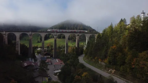 Viaduc de la Combe Maran: aerial view of the famous Swiss Viaduc Stock Footage 245506192